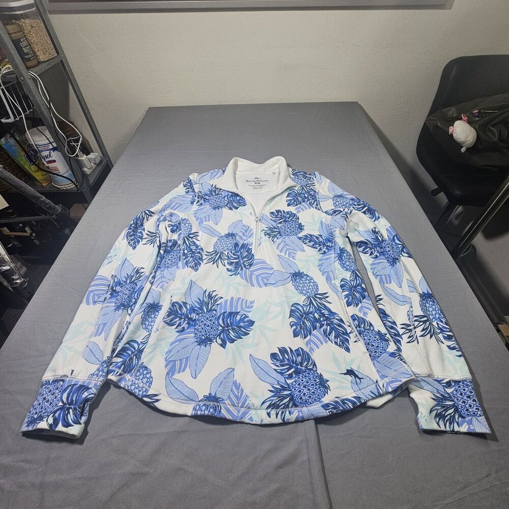 Tommy Bahama Shirt Womens M Medium Blue White Pineapple Floral 1/4 Zip Pullover